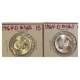 1964-D MS65 & 1964-D MS63 Washington Silver Quarters
