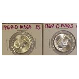 1964-D MS65 & 1964-D MS63 Washington Silver Quarters