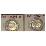 1964-D MS63 Washington Silver Quarter & 1964-MS66 Washington Silver Quarter