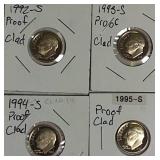 1992 to 1995 Roosevelt Dime Clad Proofs from the San Francisco Mint.