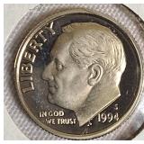 1992 to 1995 Roosevelt Dime Clad Proofs from the San Francisco Mint.