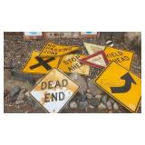 Collection of Vintage Metal Road Signs including Dead End, Yield, and Stop Ahead