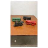 Set of 4 Vintage Cast Iron Toy Train Cars Including Locomotive and Passenger Cars