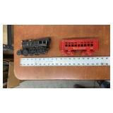Set of 4 Vintage Cast Iron Toy Train Cars Including Locomotive and Passenger Cars