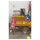 Collection of 6 Industrial and Decorative Signs Including Safety and Directional
