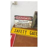 Collection of 6 Industrial and Decorative Signs Including Safety and Directional