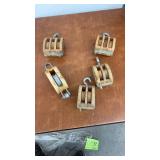 Set of 5 Vintage Wooden Pulley Blocks with Metal Hardware