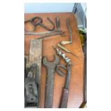 Collection of Vintage Hand Tools including Planes, Wrenches, Hammers and Augers