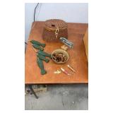 Rustic Wicker Fishing Creel Decor Lot with Wood Fish and Vintage Lures