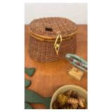 Rustic Wicker Fishing Creel Decor Lot with Wood Fish and Vintage Lures