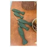 Rustic Wicker Fishing Creel Decor Lot with Wood Fish and Vintage Lures