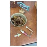 Rustic Wicker Fishing Creel Decor Lot with Wood Fish and Vintage Lures