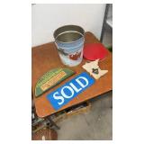 Holiday Popcorn Tin, SOLD Sign, Wood Opener, and Vintage Medal Half Plaque