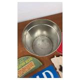 Holiday Popcorn Tin, SOLD Sign, Wood Opener, and Vintage Medal Half Plaque