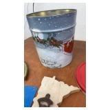 Holiday Popcorn Tin, SOLD Sign, Wood Opener, and Vintage Medal Half Plaque