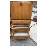 Vintage Oak Secretary Desk with Shelves, Drawers, and Mirror