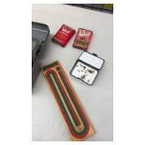 Vintage Collectibles Lot with Cribbage Board, Fly Fishing Flies, PRR Train Car, and Tobacco Tins