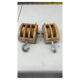 Pair of Vintage Wooden Triple Sheave Pulley Blocks with Metal Hooks