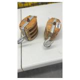 Pair of Vintage Wooden Triple Sheave Pulley Blocks with Metal Hooks