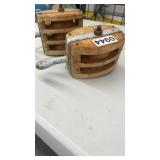 Pair of Vintage Wooden Triple Sheave Pulley Blocks with Metal Hooks