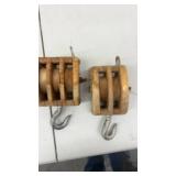 Pair of Vintage Wooden Triple Sheave Pulley Blocks with Metal Hooks
