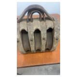Antique Wooden Triple Sheave Pulley Block