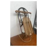 Vintage Wooden Snow Sled with Metal Runners and Rope Pull