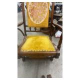 Antique Wood Platform Rocker Chair with Yellow Upholstery