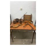 Vintage Cast Iron Melting Pots, Bellows, Ladles, and Remington Arms Wooden Crate