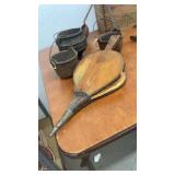 Vintage Cast Iron Melting Pots, Bellows, Ladles, and Remington Arms Wooden Crate