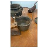 Vintage Cast Iron Melting Pots, Bellows, Ladles, and Remington Arms Wooden Crate