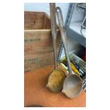 Vintage Cast Iron Melting Pots, Bellows, Ladles, and Remington Arms Wooden Crate