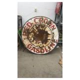 Vintage Red Crown Gasoline Metal Sign, Large Round