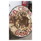 Vintage Red Crown Gasoline Metal Sign, Large Round