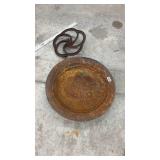 Vintage Cast Iron Flywheel and Large Rusted Metal Basin