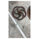 Vintage Cast Iron Flywheel and Large Rusted Metal Basin