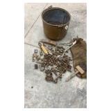 Assorted Vintage Hardware with Metal Pail and Wire Brush