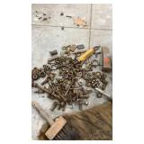 Assorted Vintage Hardware with Metal Pail and Wire Brush