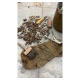 Assorted Vintage Hardware with Metal Pail and Wire Brush