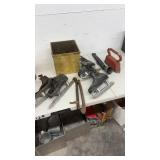 Vintage Collection including Ice Skates, Iron, Cowbell, and Brass Bin