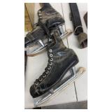Vintage Collection including Ice Skates, Iron, Cowbell, and Brass Bin