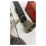 Vintage Collection including Ice Skates, Iron, Cowbell, and Brass Bin