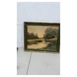 Framed Landscape Painting of River with Trees