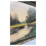 Framed Landscape Painting of River with Trees