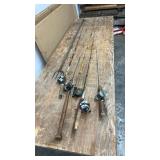 Collection of 5 Vintage Fishing Rods with Reels and Gaff Hook