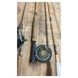 Collection of 5 Vintage Fishing Rods with Reels and Gaff Hook