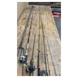 Collection of 5 Vintage Fishing Rods with Reels and Gaff Hook