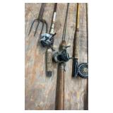 Collection of 5 Vintage Fishing Rods with Reels and Gaff Hook