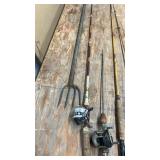 Collection of 5 Vintage Fishing Rods with Reels and Gaff Hook