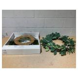 LOT OF 2 Hearth & Hand 26" Faux Pomegranate Leaf Wreath, 21" Preserved Mixed Leaf and Grass Spring Wreath - Hearth & Hand